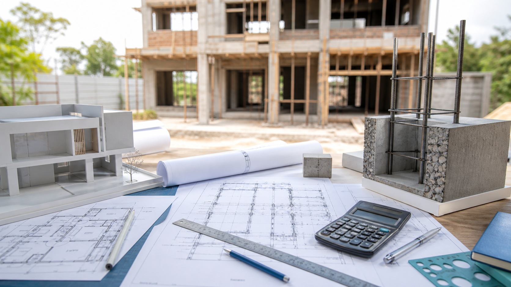 Planos de arquitectura y estructura, herramientas técnicas y una vivienda en construcción para elegir el profesional adecuado