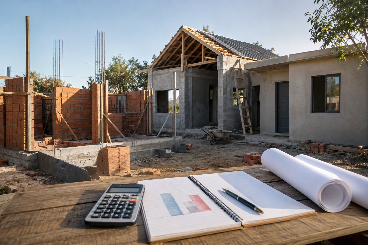 Casa en construcción y planificación de presupuesto mensual