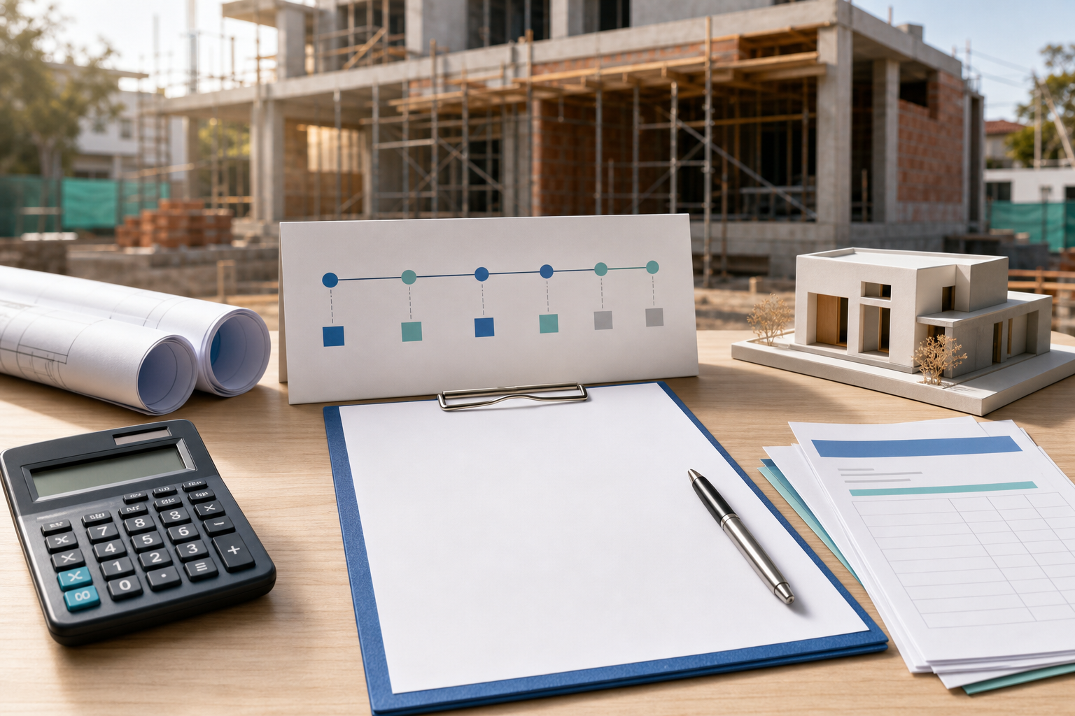 Documentos de contrato, calendario de pagos y una obra en construcción para acordar condiciones
