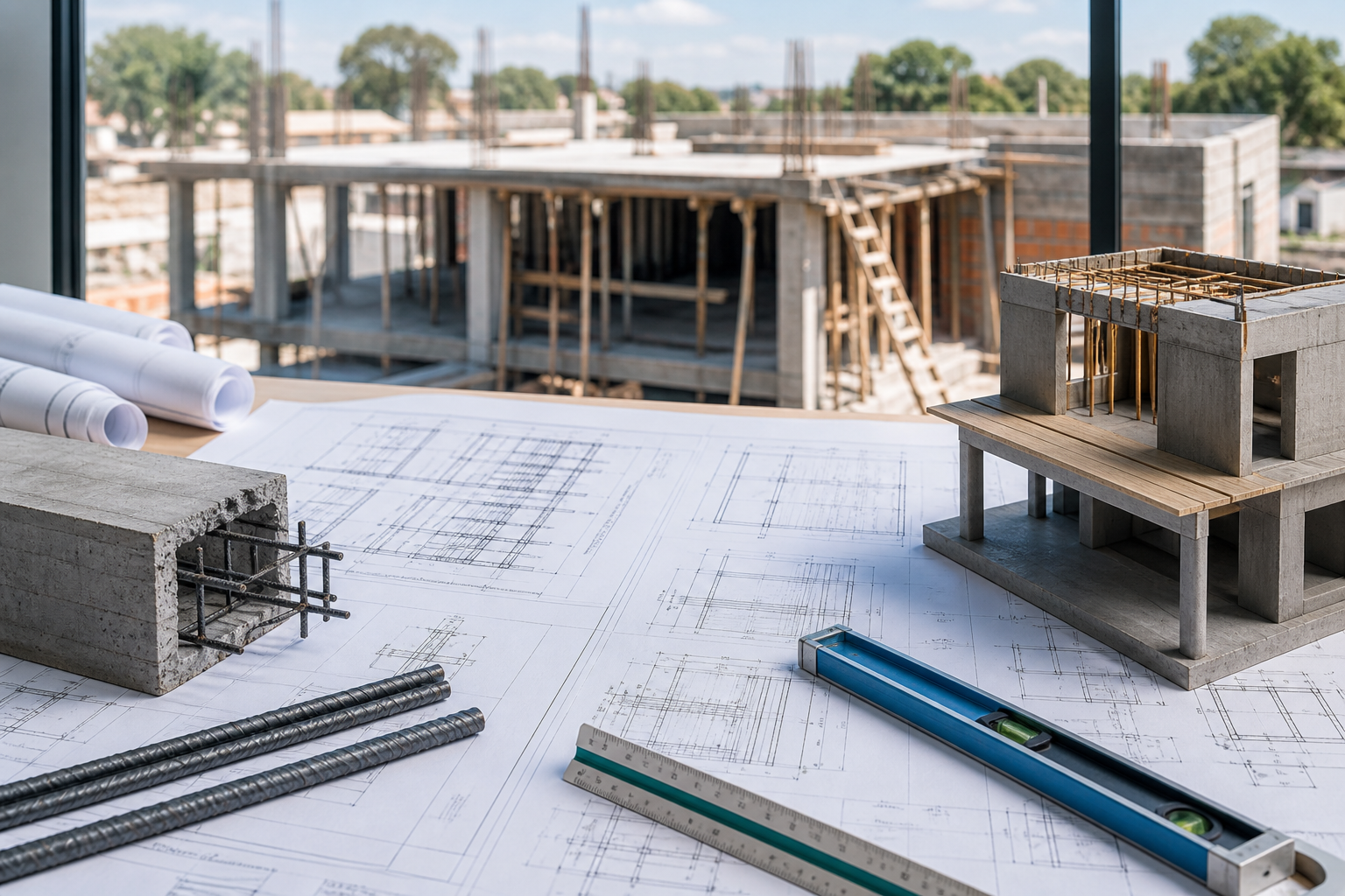 Planos estructurales, armaduras, nivel y una vivienda en construcción para revisar la estructura de una casa