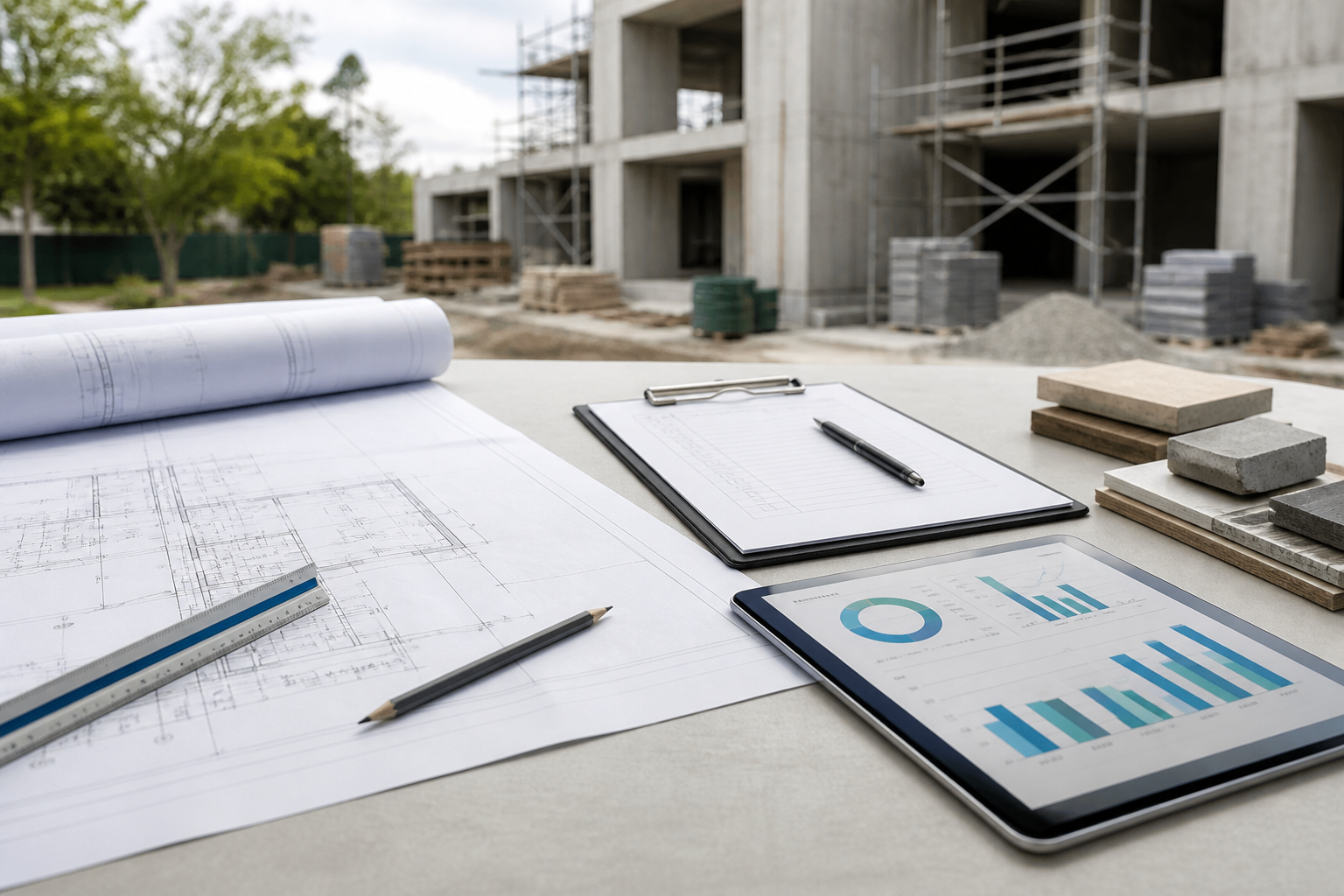 Planos, planilla de inspección, materiales y una obra en construcción para coordinar proyecto y ejecución