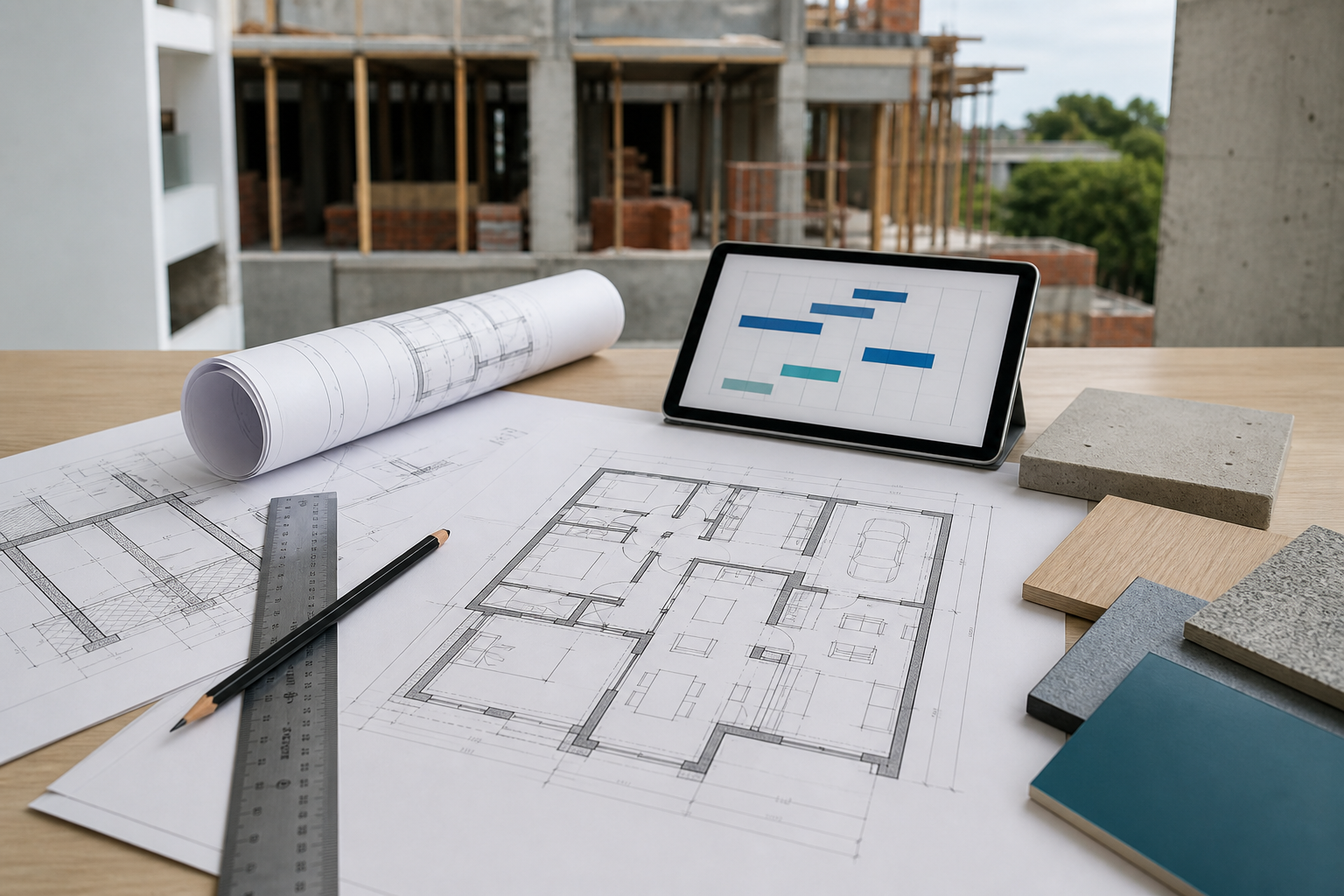 Planos de arquitectura y estructura, materiales y una obra en construcción para planificar un proyecto